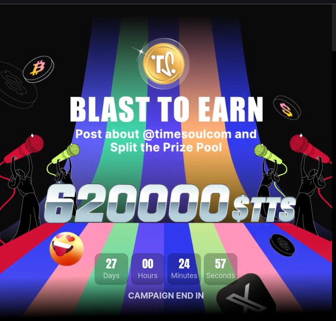 The image features a promotional poster for an event related to Bitcoin. It has a colorful and visually appealing design, with various elements such as balloons, people holding microphones, and a large gold coin. The main focus of the image is a text box in white color that announces the #620000STTS giveaway on June 11th through July 8th and mentions the hashtag "@timesoulcom". A large gold coin is also present in the image, representing a token allocation for this campaign. In addition to the event details, there are several social media posts about this hashtag, which will help spread the word about the campaign.