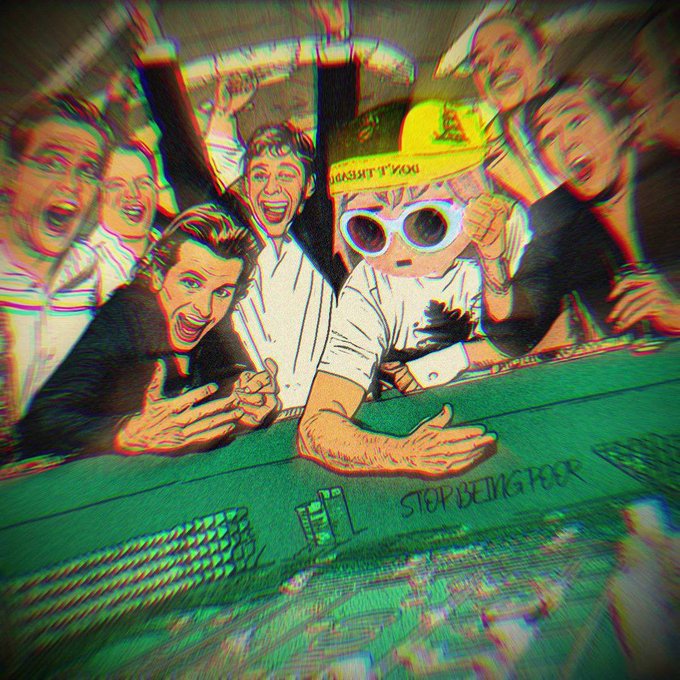 A distorted, psychedelic image of a card dealer wearing a yellow hat and sunglasses at a green gambling table with the text 'STOP BEING POOR'.
