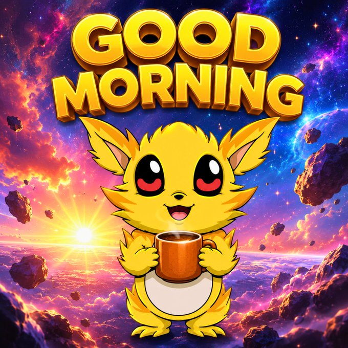A cartoon yellow creature holding a steaming mug with the bold gold text "GOOD MORNING" set against a vibrant cosmic sunset background.