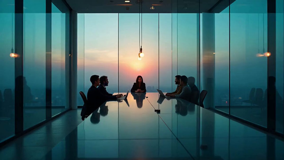 The image shows a group of people sitting around a table, possibly engaged in a meeting or discussion. The room has large windows that provide a view of the sunset outside. The setting sun casts long shadows across the scene, creating an atmosphere of relaxation and leisure. The people are seated on chairs placed at various angles around the table, indicating a casual gathering rather than a formal event. The image also contains text related to Bitcoin and cryptocurrency, which may be discussing or analyzing the current state of the crypto market.