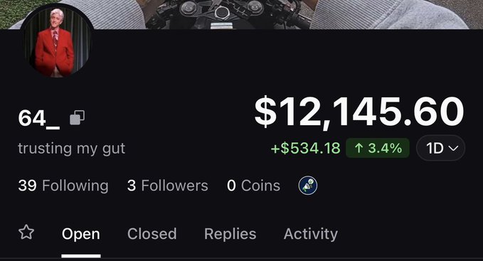 A screenshot of a Robinhood trading profile showing the username '64_ trusting my gut,' displaying a portfolio value of '$12,145.60,' a daily gain of '+$534.18 (3.4%),' '39 Following,' and '3 Followers.'