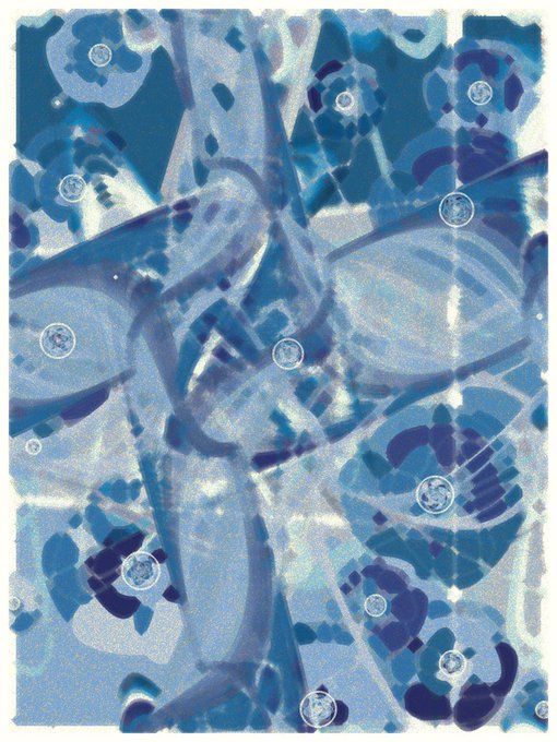 An abstract blue-toned artistic print featuring swirling shapes, geometric patterns, and circular motifs that resemble bubbles or water reflections.
