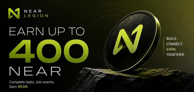 A promotional banner for NEAR Legion advertises 'EARN UP TO 400 NEAR' with text 'Complete tasks. Join events. Earn NEAR.' and 'BUILD. CONNECT. EARN. TOGETHER.' alongside a coin featuring the NEAR logo.