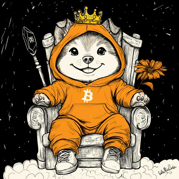 An artistic illustration of a smiling dog-like character wearing an orange Bitcoin hoodie and a golden crown, sitting on a throne holding a scepter with a sunflower nearby.