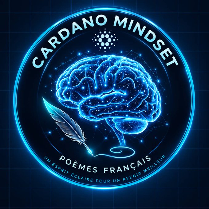 A circular logo with a glowing blue brain, a quill pen, and the text 'CARDANO MINDSET', 'POÈMES FRANÇAIS', and 'UN ESPRIT ÉCLAIRÉ POUR UN AVENIR MEILLEUR'.