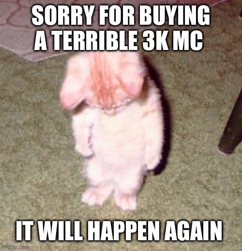The image shows a sad, pink hairless cat with its head down, overlaid with white text reading "SORRY FOR BUYING A TERRIBLE 3K MC / IT WILL HAPPEN AGAIN." 

The meme humorously relates to the post about pump fun followers by using the dejected cat as a symbol of an unapologetic crypto investor owning up to a bad purchase of a low-market-cap token while promising to repeat the mistake.