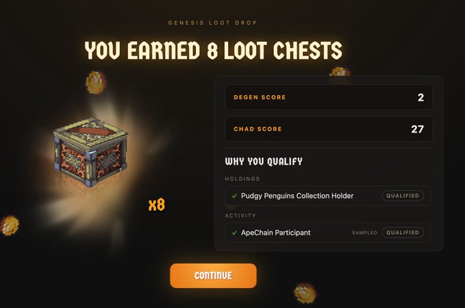 A 'GENESIS LOOT DROP' screen announcing 'YOU EARNED 8 LOOT CHESTS' with a Degen Score of 2, Chad Score of 27, and qualifications including Pudgy Penguins Collection Holder and ApeChain Participant.