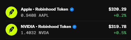 A Robinhood tokenized stock list showing Apple (AAPL) at $320.29 (+0.2%) and NVIDIA (NVDA) at $319.78 (+0.5%), each backed 0.9408:1 and 1.4032:1 respectively.