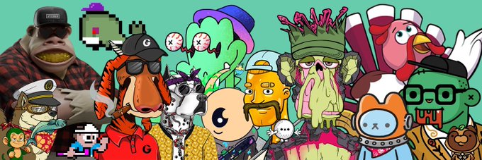 A collage of NFT characters against a teal background, featuring recognizable pieces like Cool Cat (wearing a "C" cap), a Bored Ape-style gorilla with a UFC hat, a pixel art alien, the ArtBlocks-style "Meebit"-like figures, and a cactus-headed character among others, showcasing the poster's personal NFT collection as referenced in their caption.