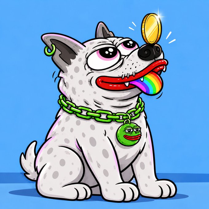 A cartoon illustration of a white spotted dog with big pink eyes, wearing a green chain necklace with a Pepe the Frog pendant, with its tongue out in rainbow colors as a gold coin falls above its head.