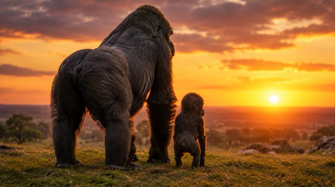 A large silverback gorilla and a baby gorilla stand on a grassy hill silhouetted against a vibrant orange sunset.