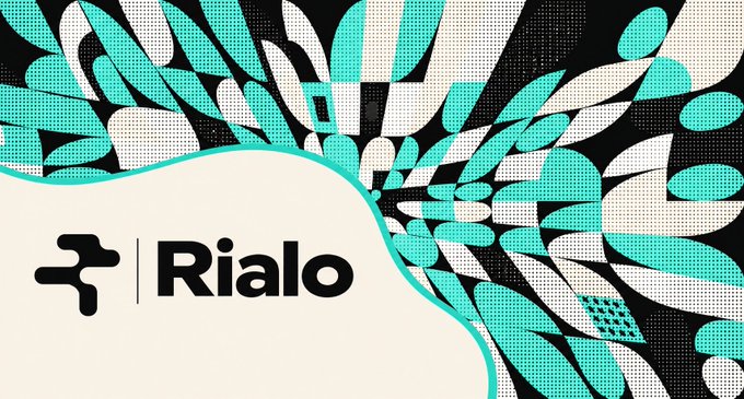 A graphic features a stylized tropical leaf pattern in teal, black, and cream, with the logo and name "Rialo" displayed in the bottom left corner.