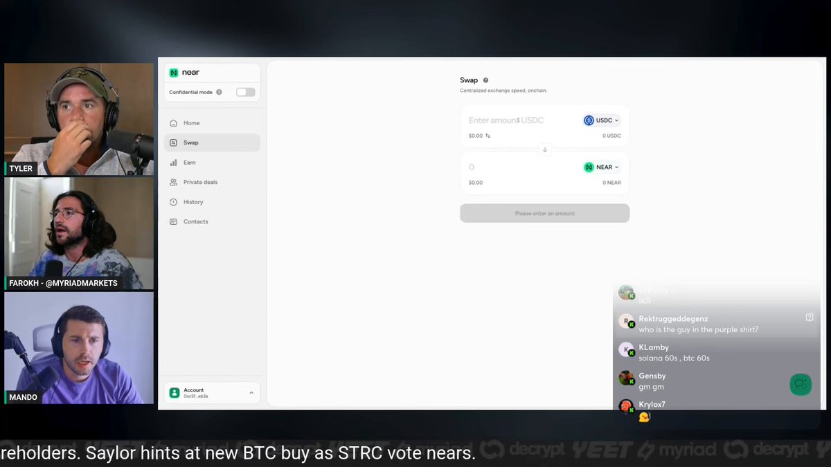 The image shows a computer screen displaying a chat window with three people participating in an online meeting or video call, possibly discussing something related to cryptocurrency trading. The screen also displays a message about privacy-preserving infrastructure and its advantages for institutions.