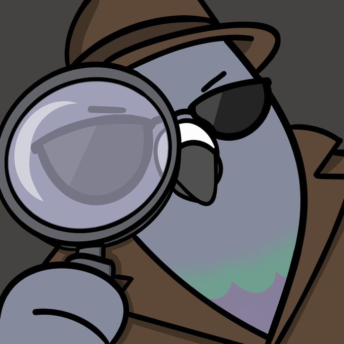 The image features a cartoon character, possibly a pigeon or a bird, wearing sunglasses and holding a magnifying glass over its face. The character appears to be looking through the magnifying glass with an intense gaze, as if searching for something or someone. The background of the image is dark gray, which contrasts with the colorful and detailed appearance of the cartoon character. There are no texts present in the image, but it does contain a caption that reads "@GolubiroNFT A bird that watches everyone 5555 supply and its coming sooner than expected Mint Date: June 24th Chain: Ethereum Price: GTD:0.001ETH FCFS: 0.0015ETH Launching on @opensea". The character's presence in the image, along with the caption, suggests a connection to the world of cryptocurrency or digital assets, possibly hinting at a story involving the character and its adventures within this realm.