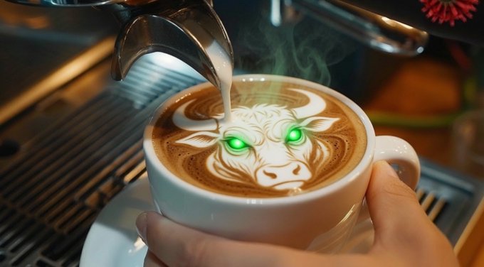 A barista pours steamed milk into a white cup of latte, creating intricate bull-shaped latte art with glowing green eyes and curling steam rising from the steaming surface. The bull imagery and "cooking" reference visually reinforce the post's bullish morning sentiment, with the espresso machine's "cooking" process symbolizing the anticipation of what $ANSEM has in store for the day.
