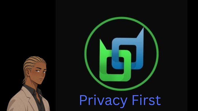 A graphic featuring a 'Privacy First' logo with green and blue interlocked shapes next to an illustrated character in a white suit.