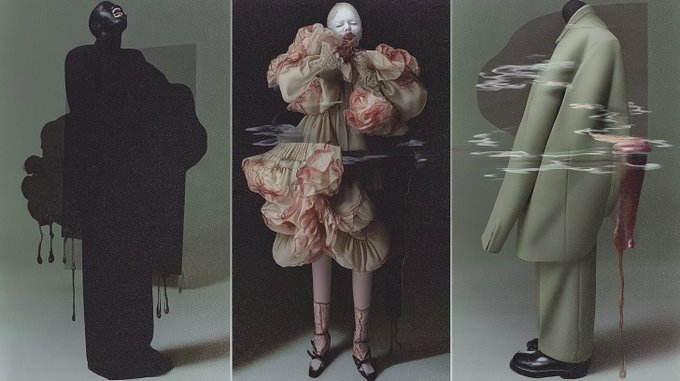 Three dark, avant-garde fashion photographs featuring mannequins and a model in elaborate outfits including a black melting silhouette, a floral ruffled dress, and a green suit with distorted water effects.