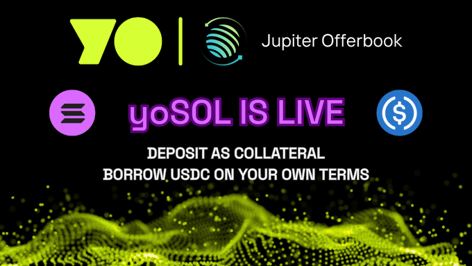 A black background displays an advertisement for YOL, which includes images of coins and banknotes, including a $SOL coin. The text encourages users to deposit their money into a joint online currency called YoSOL, offering a 9% annual yield rate against the exchange rates. The message also suggests that if one wants to invest in YoSOL immediately, they should act fast for a reduced rate of USDC on loans provided by Jupyter Offerbook.