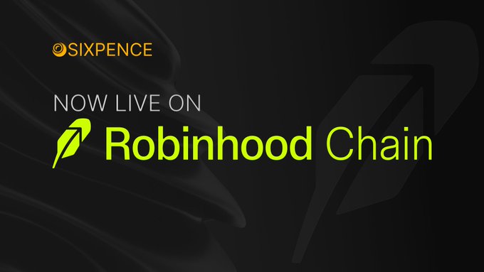 A promotional banner with a dark background featuring the text "SIXPENCE" in orange at the top, followed by "NOW LIVE ON" and "Robinhood Chain" in bright green.