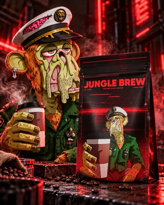 A stylized cartoon illustration of a zombie-like monkey captain wearing a naval hat, holding a coffee cup next to a black and red 'JUNGLE BREW' coffee package with similar character artwork.