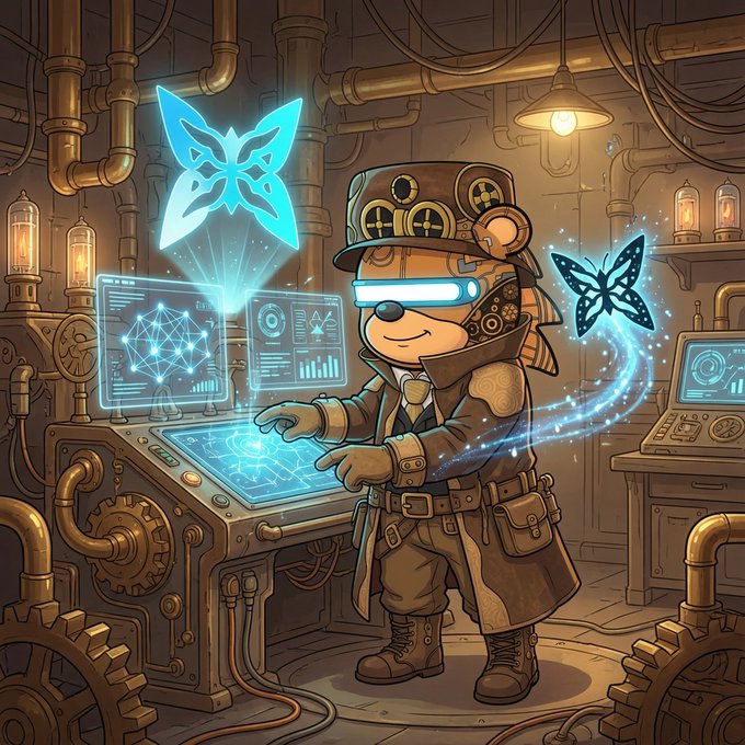 An illustration of a steampunk-style bear character wearing a hat and goggles, operating a control panel with glowing blue holographic butterflies.