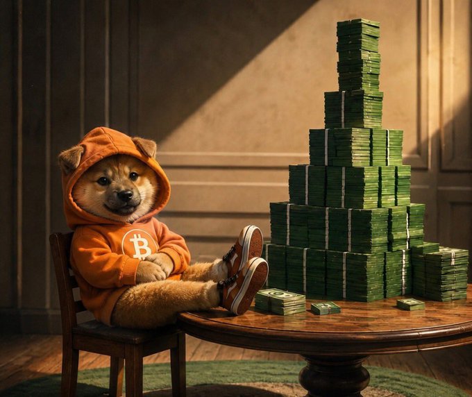 A digitally created image of a Shiba Inu dog wearing an orange Bitcoin hoodie and sneakers, sitting next to a table with a large pyramid of green banded cash stacks.