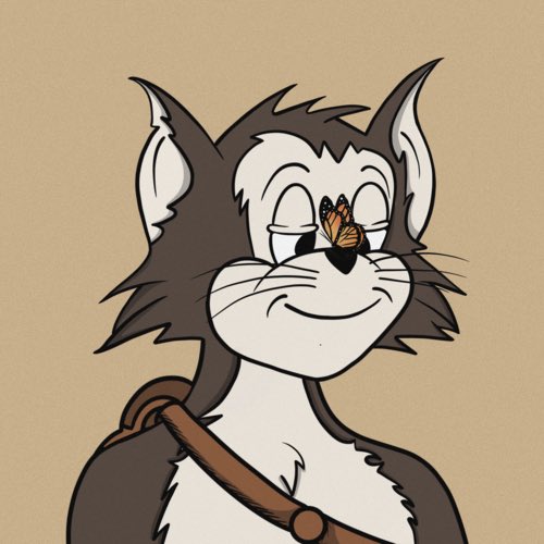 A cartoon drawing of a smiling black and white cat with a monarch butterfly perched on its nose, wearing a brown strap across its chest.