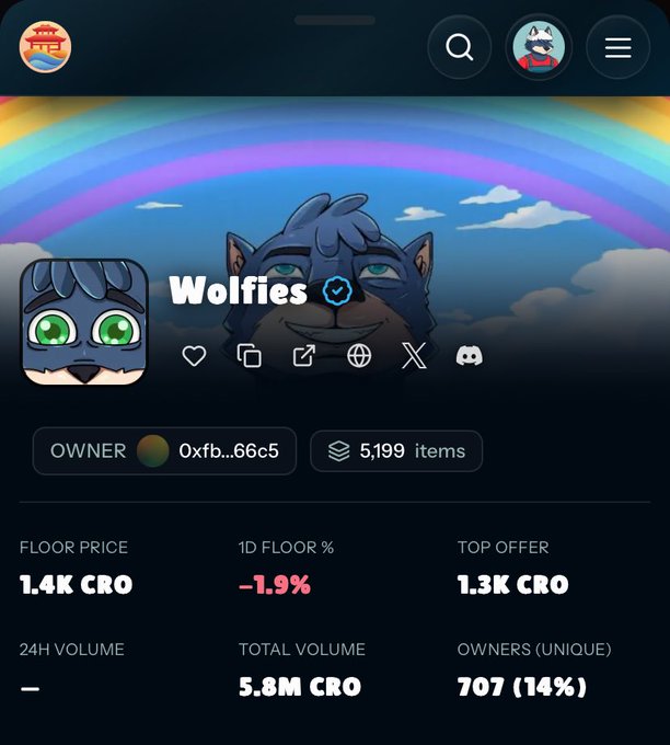 A mobile app screen displaying NFT collection statistics for "Wolfies" with a wolf character avatar, showing a floor price of 1.4K CRO, a 1D floor percentage of -1.9%, a top offer of 1.3K CRO, and 707 unique owners.