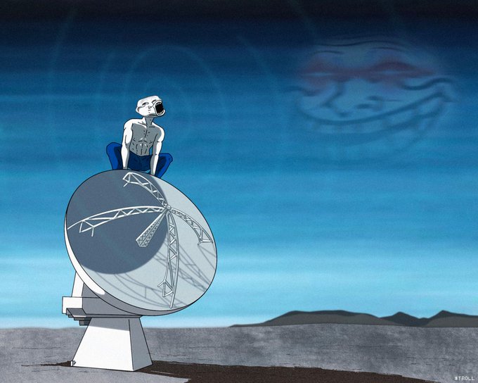 A shirtless figure sits atop a satellite dish as a large troll face looms in the sky, visually echoing the "$TROLL Trollololololololololo" caption in a deadpan, meme-style illustration.