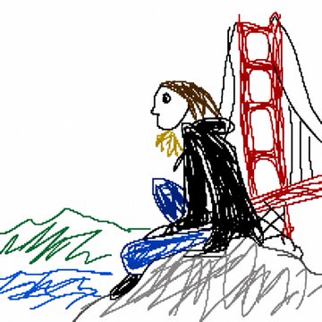 A child's colorful drawing of a figure in a dark jacket sitting beneath a red bridge (resembling the Golden Gate Bridge), with scribbled grass below.