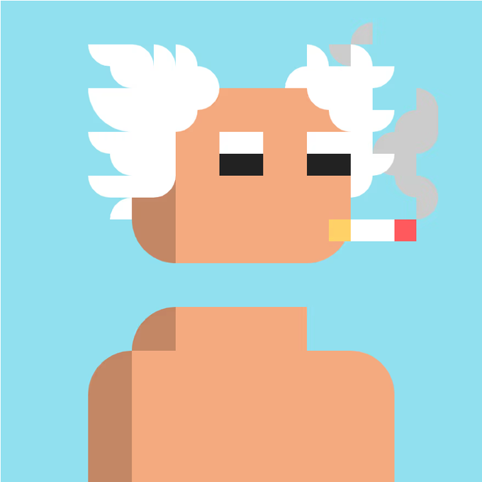 A minimalist, flat-style digital illustration of a person with wild white hair, half-closed eyes, and a lit cigarette emitting smoke against a light blue background.