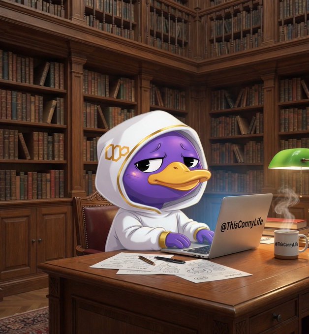 The image features a cartoon duck sitting at a desk with a laptop computer open in front of it. The scene takes place in an office setting, suggesting that the duck might be working or studying. The image also includes text elements such as "This is @wallchain" and "@wallchainSelect", which could indicate that this is part of a creator campaign platform or a reputation engine for creators.