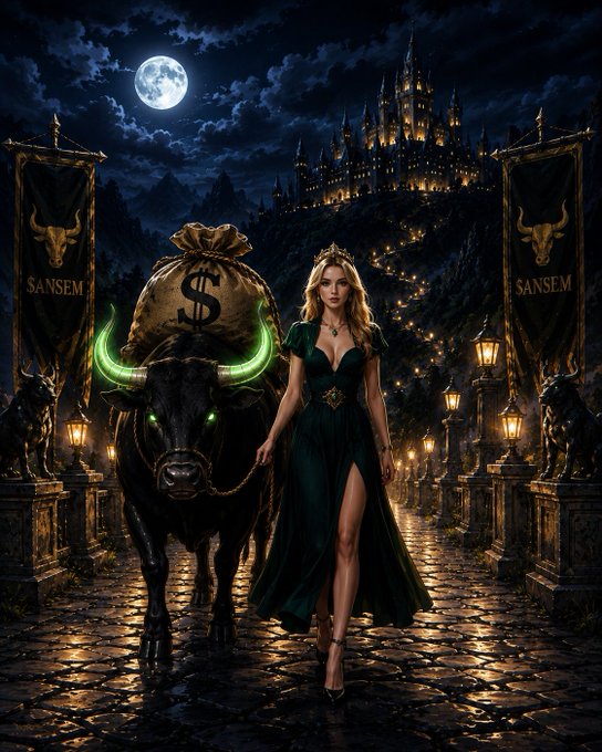 A fantasy illustration shows a blonde woman in a green dress walking beside a black bull with glowing green horns, carrying a money bag marked with a dollar sign. Banners reading 'SANSEM' flank a path leading to a moonlit castle.