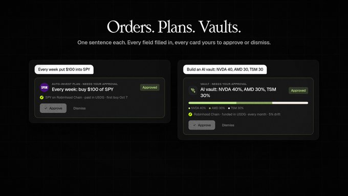 A dark-themed interface titled 'Orders. Plans. Vaults.' displays two approved investment plans: 'Every week: buy $100 of SPY' and 'AI vault: NVDA 40%, AMD 30%, TSM 30%'.