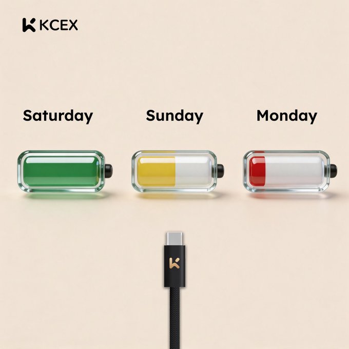 A KCEX promotional image showing three battery indicators labeled Saturday, Sunday, and Monday with green, yellow, and red charge levels, positioned above a charging cable.