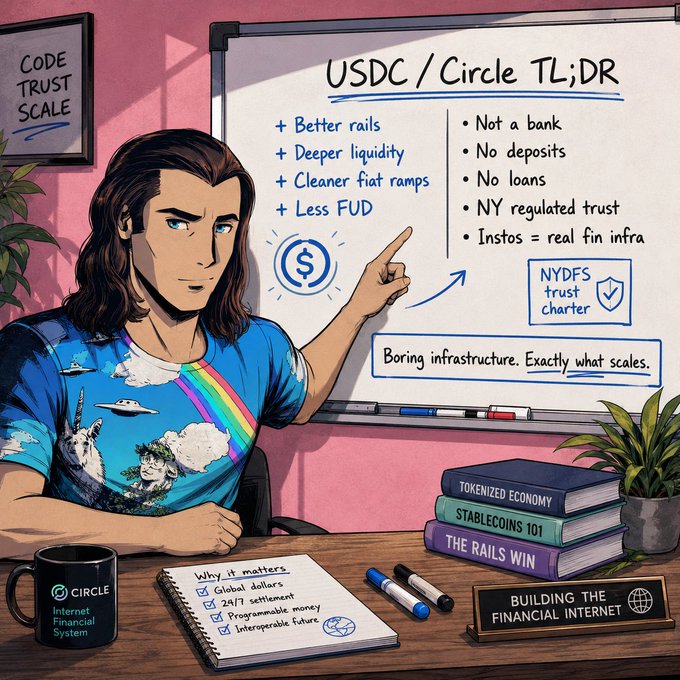 A man points to a whiteboard titled "USDC / Circle TL;DR" highlighting that the NYDFS trust charter delivers "better rails, deeper liquidity, cleaner fiat ramps, less FUD," while noting it's "not a bank, no deposits, no loans—just boring infrastructure that scales"—accompanied by books labeled "Tokenized Economy," "Stablecoins 101," and "The Rails Win," reinforcing the post's message about Circle's regulated trust status building the financial internet.