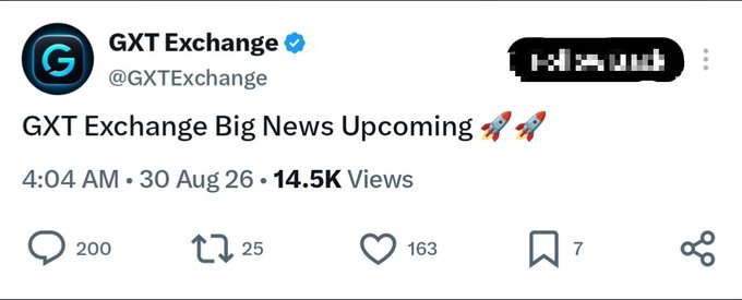A tweet from verified account @GXTExchange reads "GXT Exchange Big News Upcoming 🚀🚀" posted at 4:04 AM on 30 Aug 26, garnering 14.5K views, 200 replies, 25 reposts, 163 likes, and 7 bookmarks. The post's accompanying commentary warns followers to be cautious about depositing funds into GXT Exchange for its promised airdrop or earning rewards, suggesting skepticism about whether the announced "big news" will truly benefit the community.