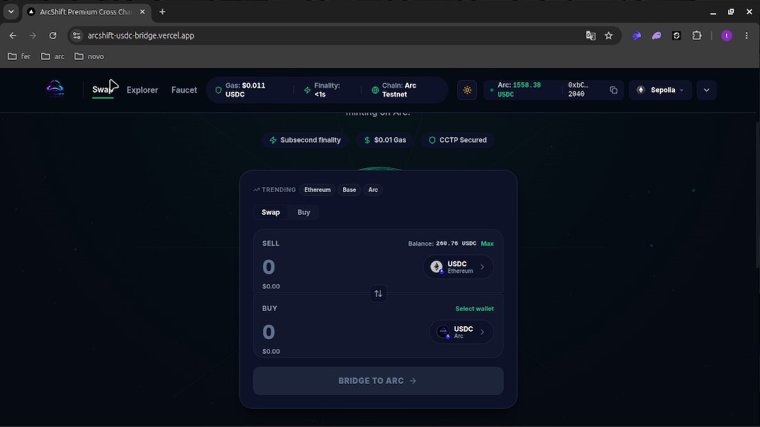The image shows a computer screen displaying a webpage with information about USDC transactions, specifically focusing on the ArcShift platform. The text on the page explains that moving USDC between networks has never been faster or cheaper, and that arcshift is a dapp on the Arc Tester, which can be used to natively bridge USDC in seconds. The image also includes a video highlighting how to use Arc Shift for fast and efficient transactions.