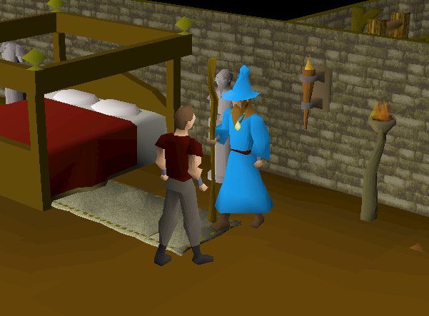 A screenshot from the video game RuneScape showing a player character standing next to a wizard wearing a blue robe and pointed hat in a stone room with a bed and torches.