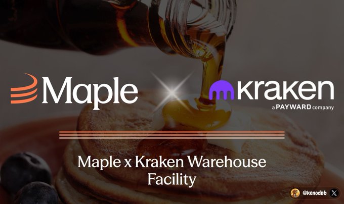 The image features the Maple and Kraken (a Payward company) logos over a background of syrup being poured onto pancakes, with text reading "Maple x Kraken Warehouse Facility" — visually playing on the name "Maple" by using syrup, which ties into the post announcing their USDC-denominated warehouse facility partnership for digital asset-backed loans.