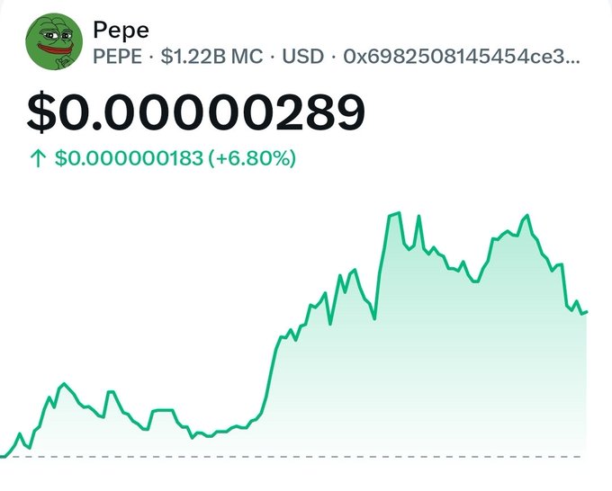 A price chart for Pepe (PEPE) showing a value of $0.00000289 with an increase of +6.80% and a $1.22B market cap.
