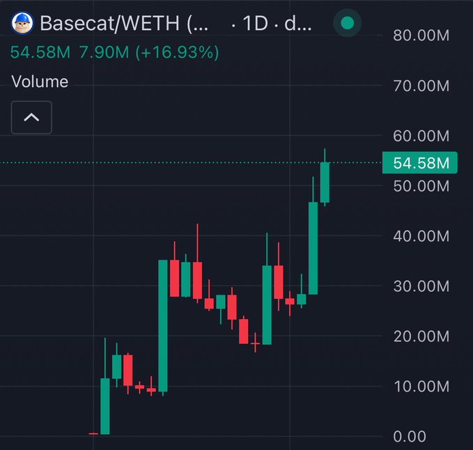 A candlestick chart displaying Basecat/WETH trading pair volume, showing a 16.93% increase with current volume at 54.58M on what appears to be a 1-day timeframe.