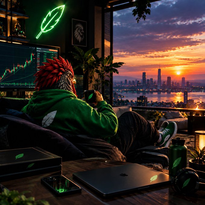 An AI-generated scene depicts a rooster-headed figure in a green hoodie relaxing with a coffee cup and laptop, overlooking a city skyline at sunset, with trading charts visible on a monitor.