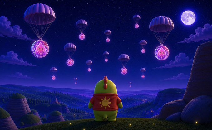 A green dinosaur-like character wearing a red shirt with a sun design, watching glowing parachute drops under a full moon in a starry night scene.