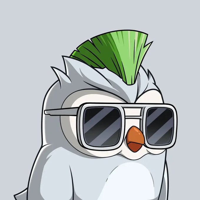 An illustration features a gray, penguin-like cartoon character with a green tuft of feathers on its head, wearing large square sunglasses.