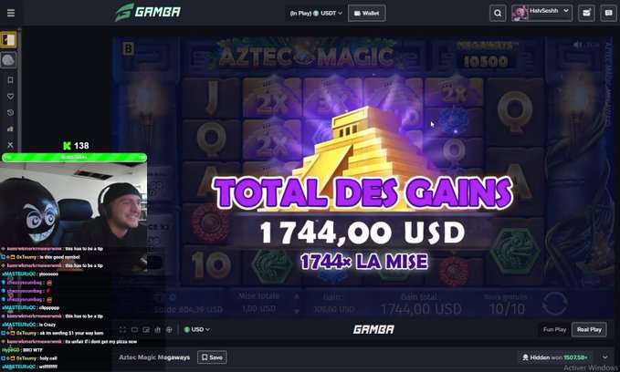 A Twitch livestream screenshot showing a streamer winning 1,744.00 USD on the Gamga slot game 'Aztec Magic Megaways', with chat visible on the left side.
