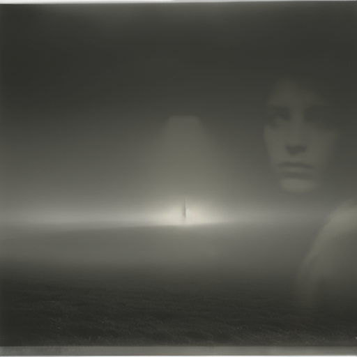 A moody, atmospheric black-and-white image showing a small glowing light on the horizon with a faint, ghostly face of a person on the right side.