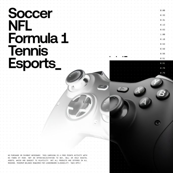 A promotional graphic listing sports categories including "Soccer, NFL, Formula 1, Tennis, Esports" alongside a split-toned image of an Xbox-style game controller, with decimal numbers and promotional terms printed on the right side.
