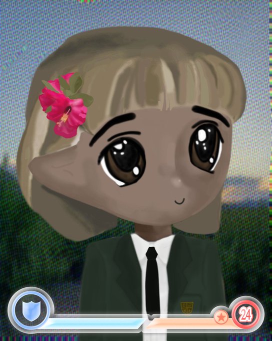 A digital illustration of a young girl with pointed ears, blonde hair adorned with a pink hibiscus flower, wearing a black suit and tie, with a TV-style interface overlay at the bottom.