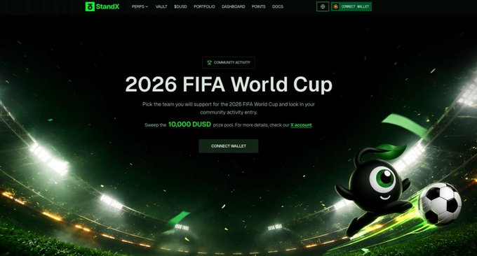 The image shows a screenshot of a website called "standx.com", with the text "The StandX World Cup Sweepstakes is live Pick your team. Trade the tournament. Win your share of 10,000 $DUSD". The goal of the sweepstakes is for people to pick their favorite soccer teams and trade their tickets in exchange for a cash prize if the chosen teams win the World Cup. In addition, there are two options: using "standx.com" or another website to manage this process. Users can also connect with other traders to share information about the sweepstakes. The website is designed in such a way that it highlights the main points and instructions of the contest while still providing enough detail for users to understand what they need to do.